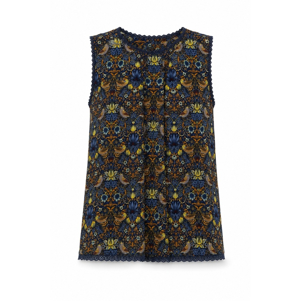 Marc by Marc Jacobs‎ Blue Tapestry Bird Print Lace Trim Sleeveless Blouse S